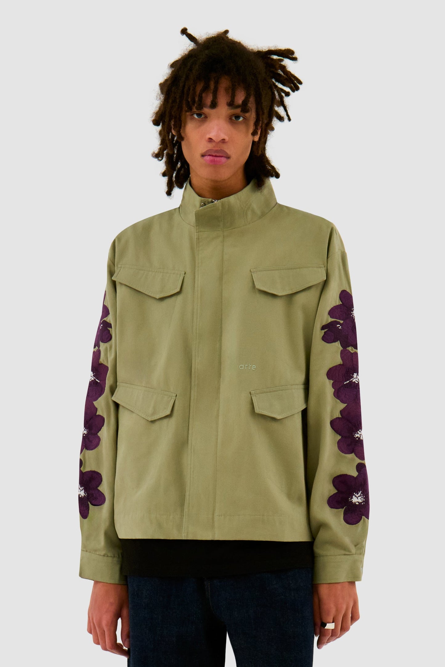 Veste brodée de fleurs - Vert olive