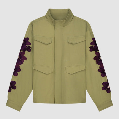 Veste brodée de fleurs - Vert olive