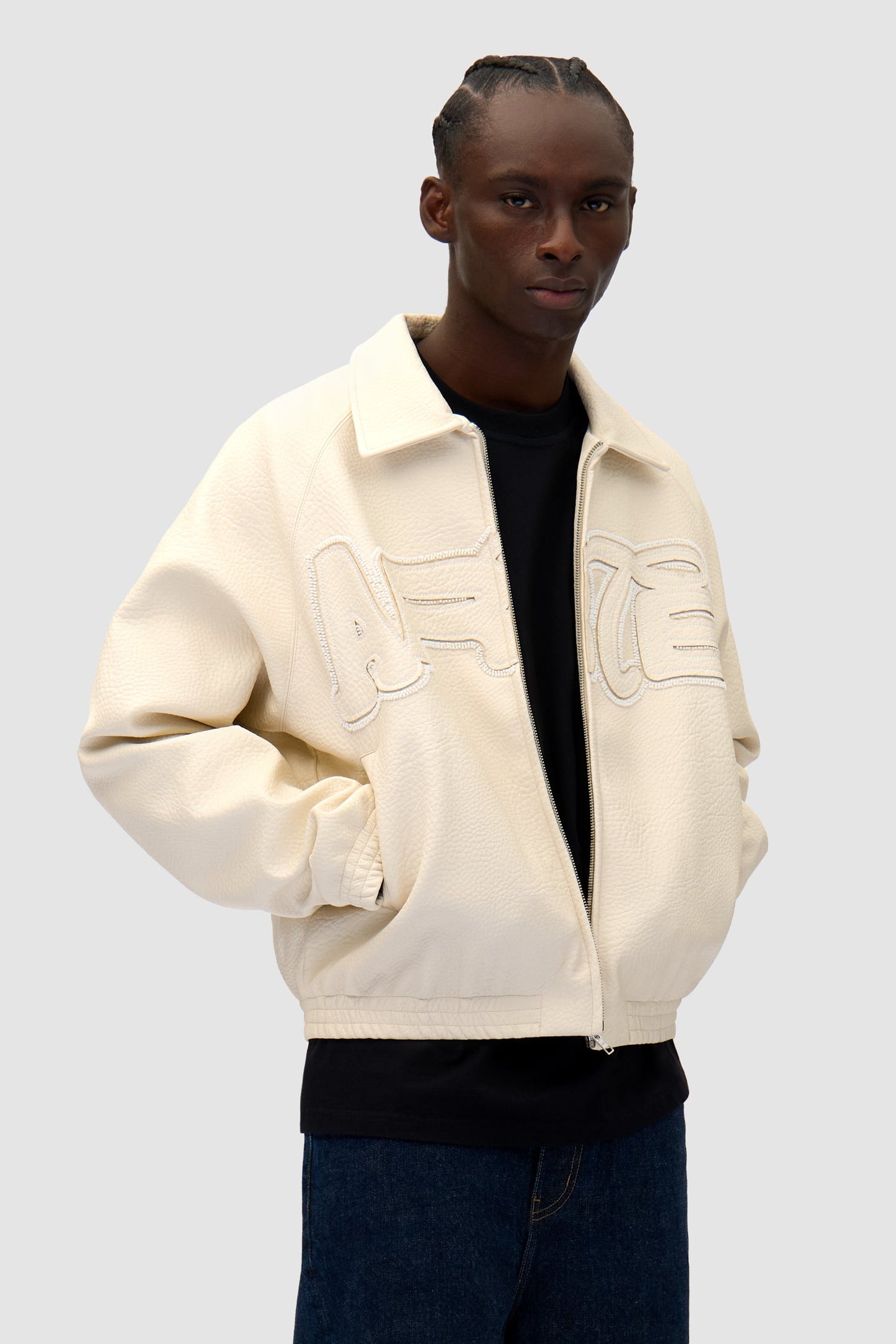 Veste en cuir à gros logo - Crème